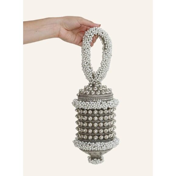 Ramla Handbags - Ramla Cocktail Pearl Handmade Beaded Bag Silver Evening Clutch Purse Handbag